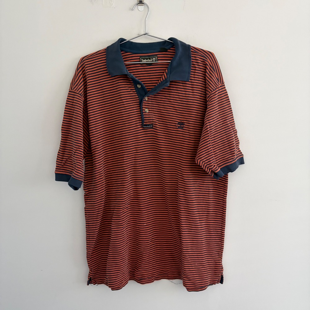 Timberland Mens XL Polo Shirt Orange Blue Horizontal Stripe Short Sleeve